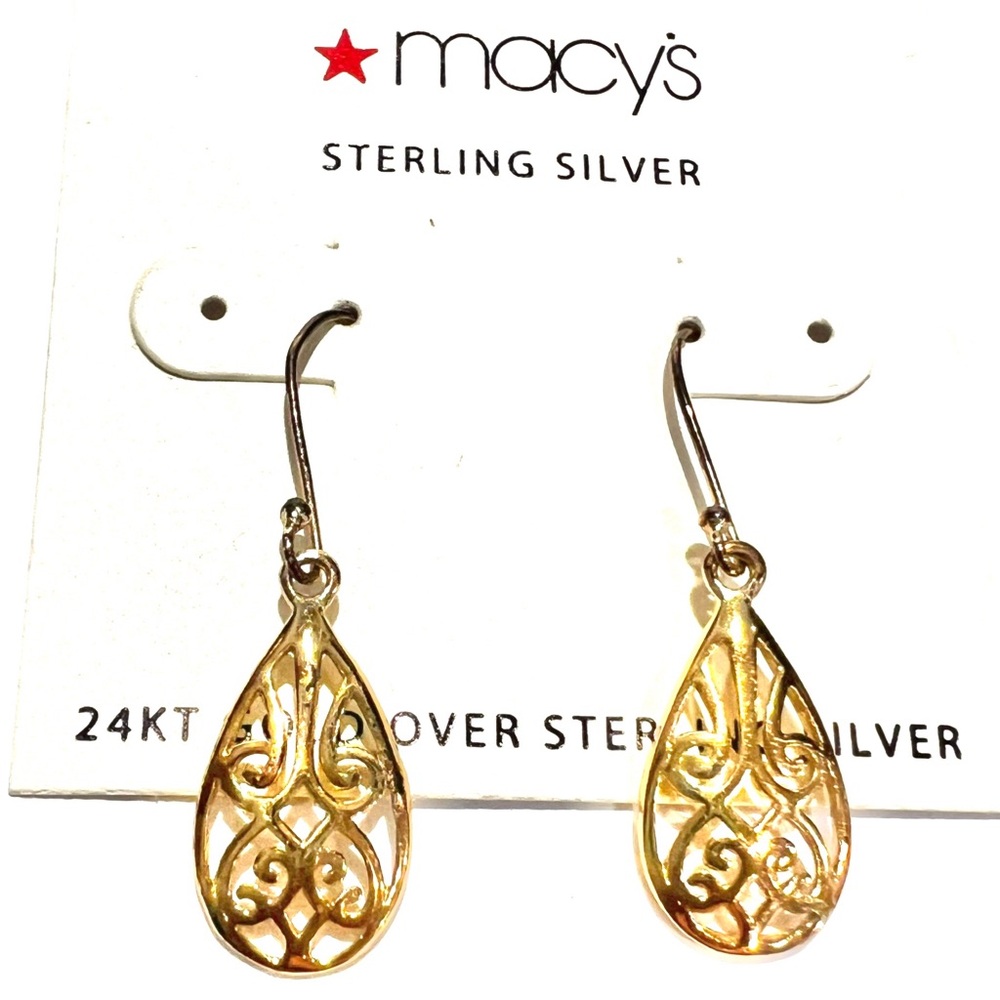 🌸NEW 24KT🌸 Boho Filigree Teardrop Dangle Earrings Gold & Sterling Silver